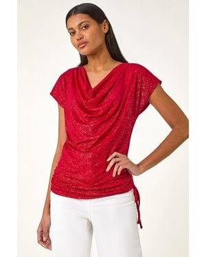 Roman Sparkle Cowl Neck Tie Side Top - Red