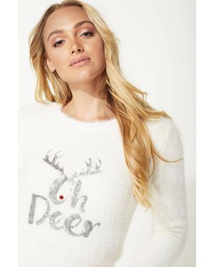 Roman Oh Deer Embellished Christmas Jumper - White