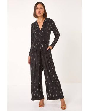 Roman Foil Print V-Neck Stretch Jumpsuit - Black