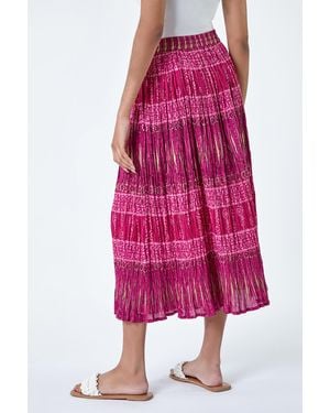 Roman Crinkle Cotton Metallic Foil Midi Skirt - Pink