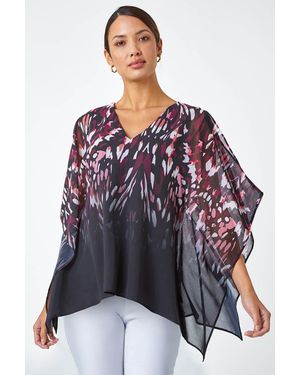 Roman Abstract Print Chiffon Overlay V-Neck Top - Purple