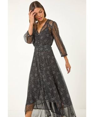 Roman Foil Print High Low Maxi Dress - Black