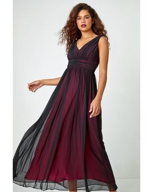 Roman Sleeveless Contrast Mesh Maxi Stretch Dress - Red