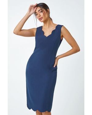 Roman Scallop Edge Plain Bodycon Shift Dress - Blue