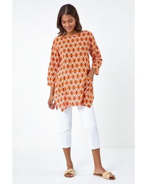 Roman Cotton Geometric Pocket Longline Tunic Top - White