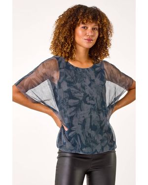 Roman Floral Plisse Bubble Hem Top - Blue