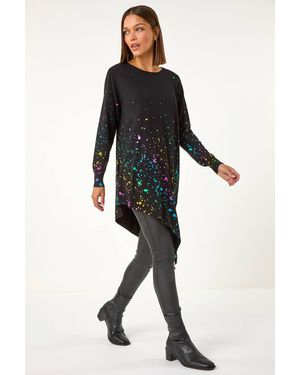 Roman Border Splash Foil Print Tunic - Black
