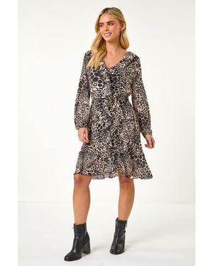 Roman Petite Animal Print Frill Dress - Black