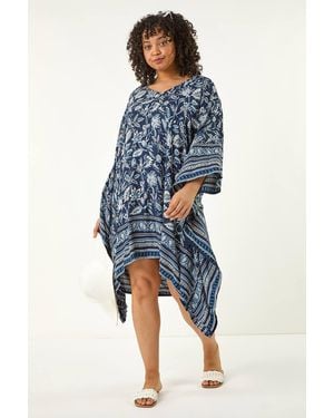 Roman Curve Floral Border Print Kaftan - Blue