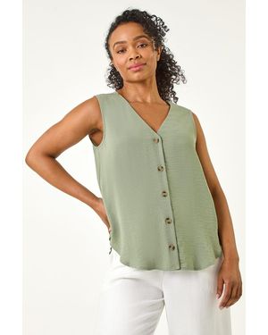 Roman Petite V-Neck Front Button Blouse - Green