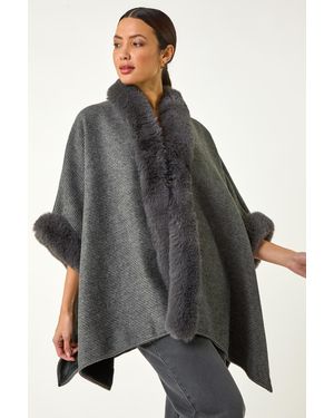 Roman Textured Faux Fur Trim Cape - Grey