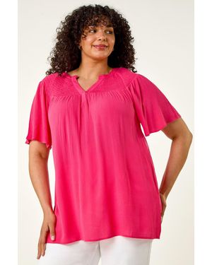 Roman Curve Shirred Yoke Top - Pink