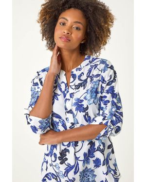 Roman Floral Print Gathered Blouse - Blue