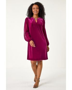 Roman Petite Contrast Sleeve Velvet Dress - Red
