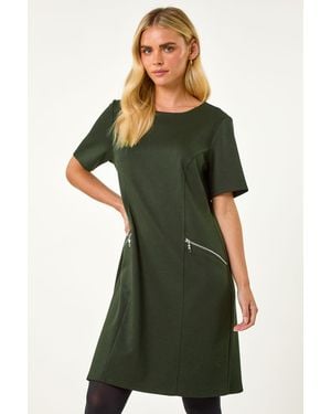 Roman Petite Zip Detail Pocket Shift Dress - Green