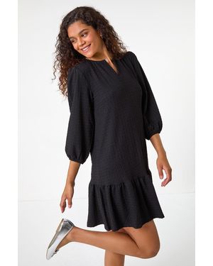 Roman Textured V-Neck Frill Hem Smock Dress - Black