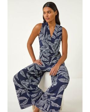 Roman Leaf Puff Print Crossover Jumpsuit - Blue