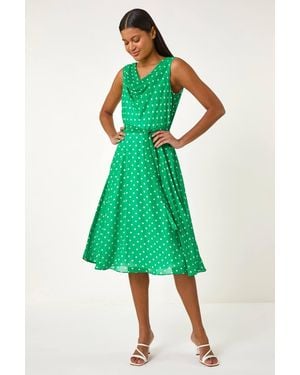 Roman Spotted Cowl Neck Dress - Green