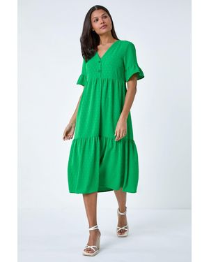 Roman Textured Spot Frill Tiered Midi Dress - Green