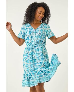 Roman Petite Floral Print Tiered Dress - Blue