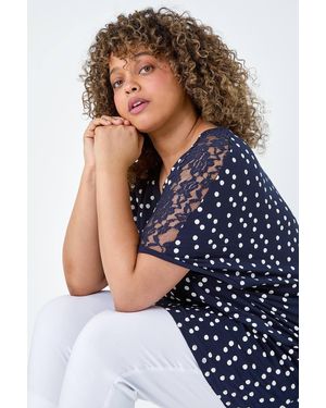 Roman Curve Lace Shoulder Polka Dot Stretch T-Shirt - Blue