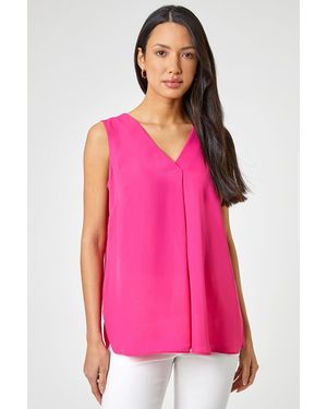 Roman V-Neck Sleeveless Vest Pleat Top - Pink