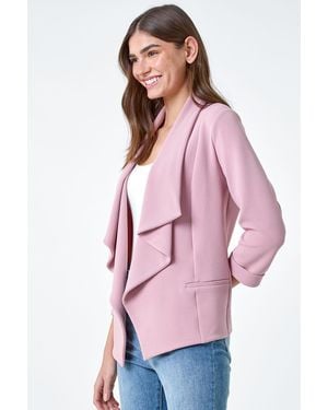 Roman 3/4 Sleeve Textured Waterfall Front Jacket - Pink