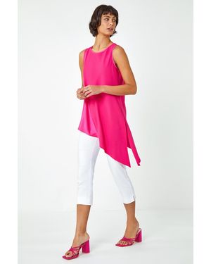 Roman Satin Contrast Asymmetric Chiffon Tunic Top - Pink