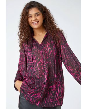 Roman Animal Print Tie Neck Chiffon Top - Purple