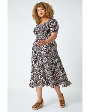 Roman Curve Leopard Print Shirred Tiered Midi Dress - White