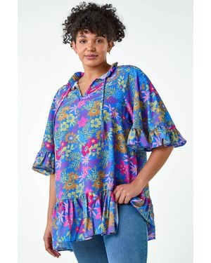 Roman Curve Floral Frill Tie Detail Top - Blue