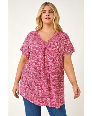 Roman Curve Pleat Front Printed Stretch Top - Pink