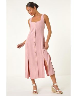 Roman Petite Linen Blend Buttoned Midi Dress - Pink
