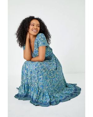 Roman Petite Paisley Print Frill Hem Midi Dress - Blue