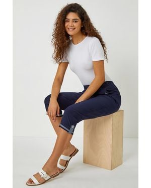 Roman Eyelet Detail Elastic Waist Cropped Trouser - Blue