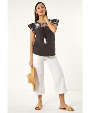 Roman Embroidered Tie Front Top - White