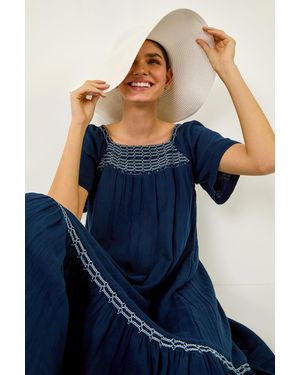 Roman Embroidered Cotton Midi Smock Dress - Blue