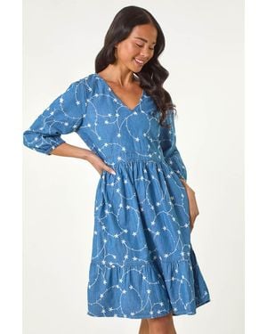 Roman Petite Embroidered V-Neck Dress - Blue