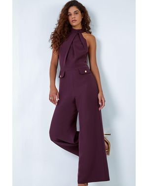 Roman Pleated Halter Neck Wide Leg Stretch Jumpsuit - Purple