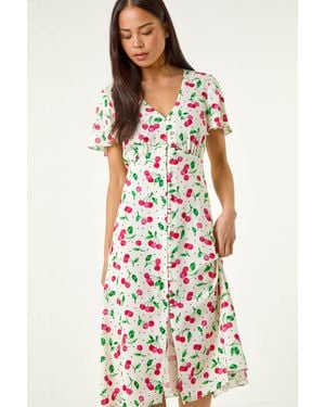 Roman Petite Cherry Print Button Tea Dress - White