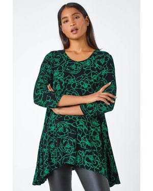Roman Floral Print Hanky Hem Stretch Tunic Top - Green