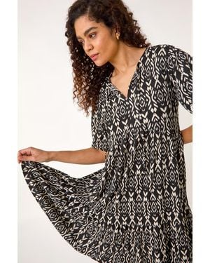 Roman Aztec Tie Front Smock Dress - Black