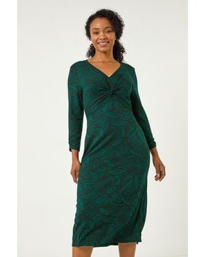 Roman Petite Stretch Leaf Print Twist Midi Dress - Green
