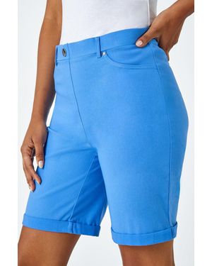 Roman Elastic Waist Turn Up Stretch Shorts - Blue