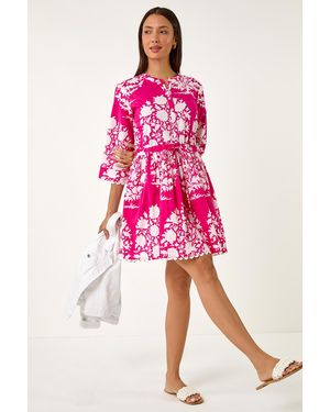 Roman Floral Button Smock Dress - Pink