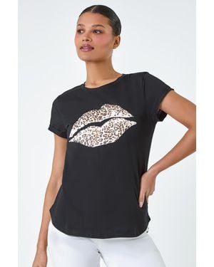 Lilly-and-Hope Animal Print Lips Stretch T-Shirt - Black