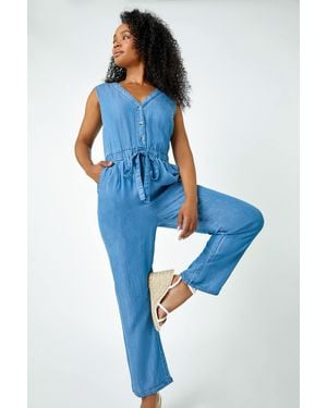 Roman Petite Stretch Denim Pocket Jumpsuit - Blue
