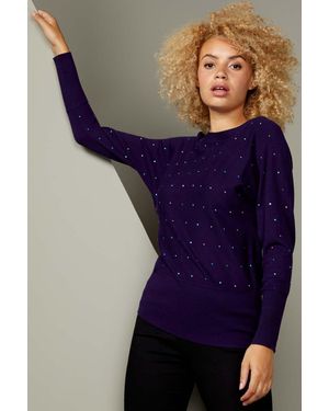 Roman Spot Embellished Hotfix Batwing Jumper - Purple