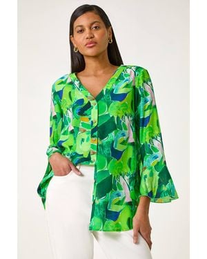 Roman Abstract Print Flared Blouse - Green