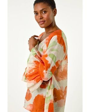 Roman Floral Print Frill Sleeve Top - Red